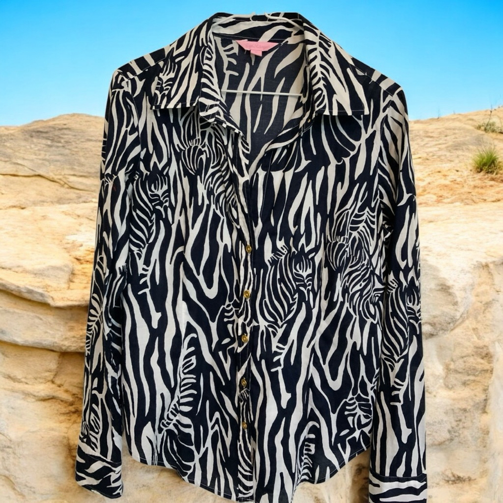 Lilly Pulitzer Black Zebra Print Button Down Shirt Size 10